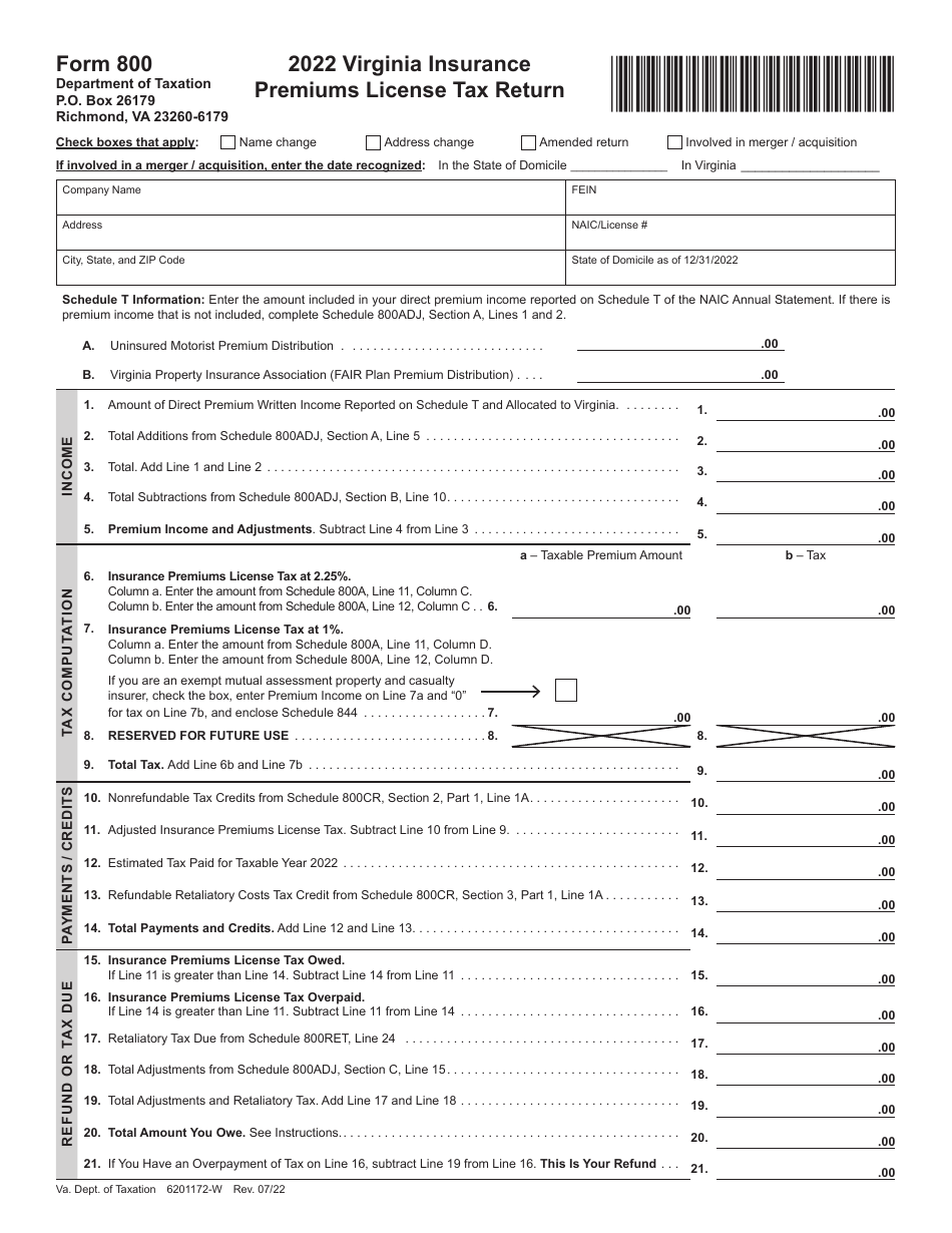Form 800 Virginia Insurance Premiums License Tax Return - Virginia, Page 1