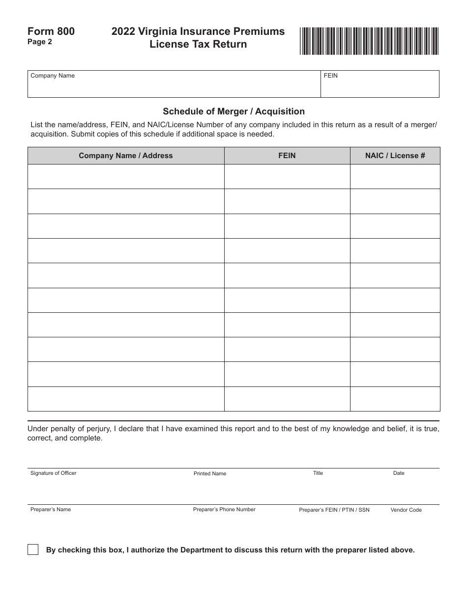 Form 800 Virginia Insurance Premiums License Tax Return - Virginia, Page 2