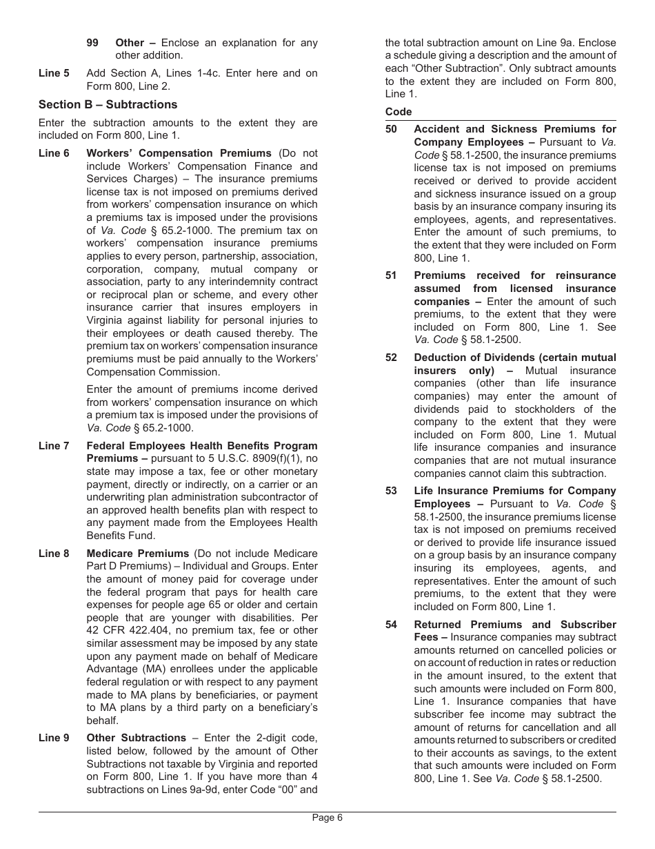 Instructions for Form 800 Virginia Insurance Premiums License Tax Return - Virginia, Page 10
