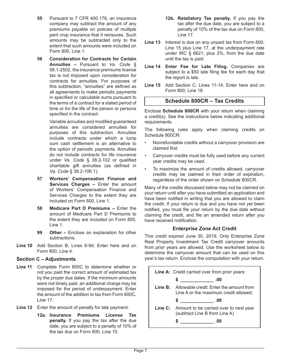 Instructions for Form 800 Virginia Insurance Premiums License Tax Return - Virginia, Page 11
