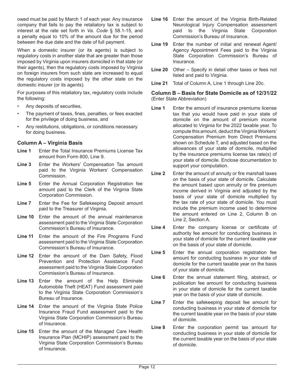 Instructions for Form 800 Virginia Insurance Premiums License Tax Return - Virginia, Page 16