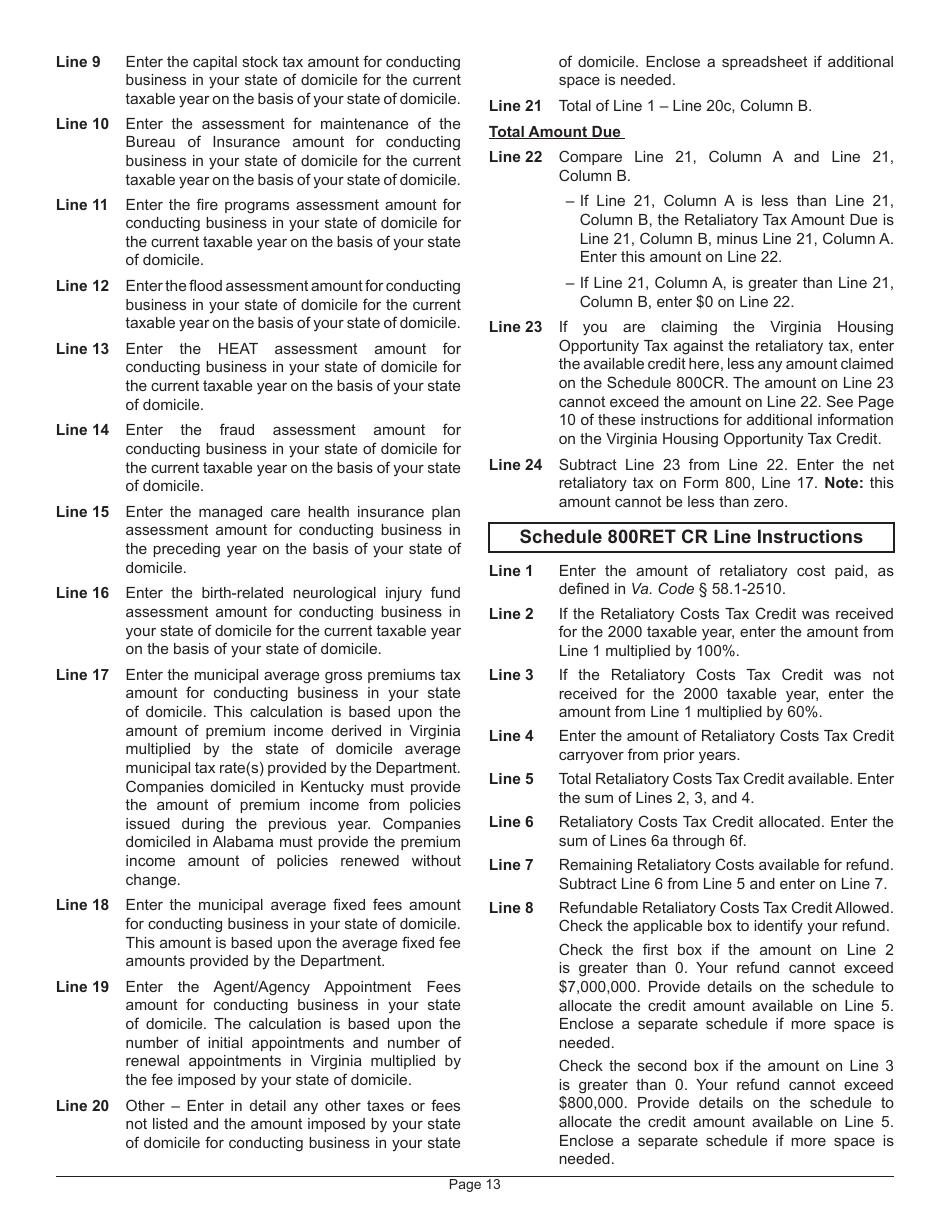 Instructions for Form 800 Virginia Insurance Premiums License Tax Return - Virginia, Page 17