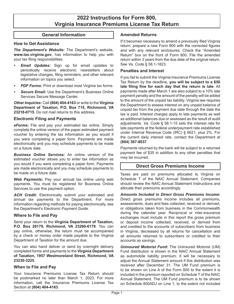 Instructions for Form 800 Virginia Insurance Premiums License Tax Return - Virginia, Page 5
