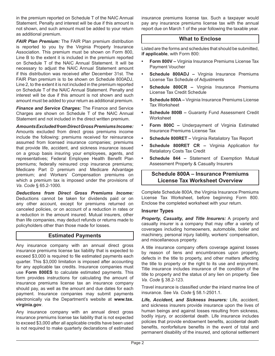 Instructions for Form 800 Virginia Insurance Premiums License Tax Return - Virginia, Page 6