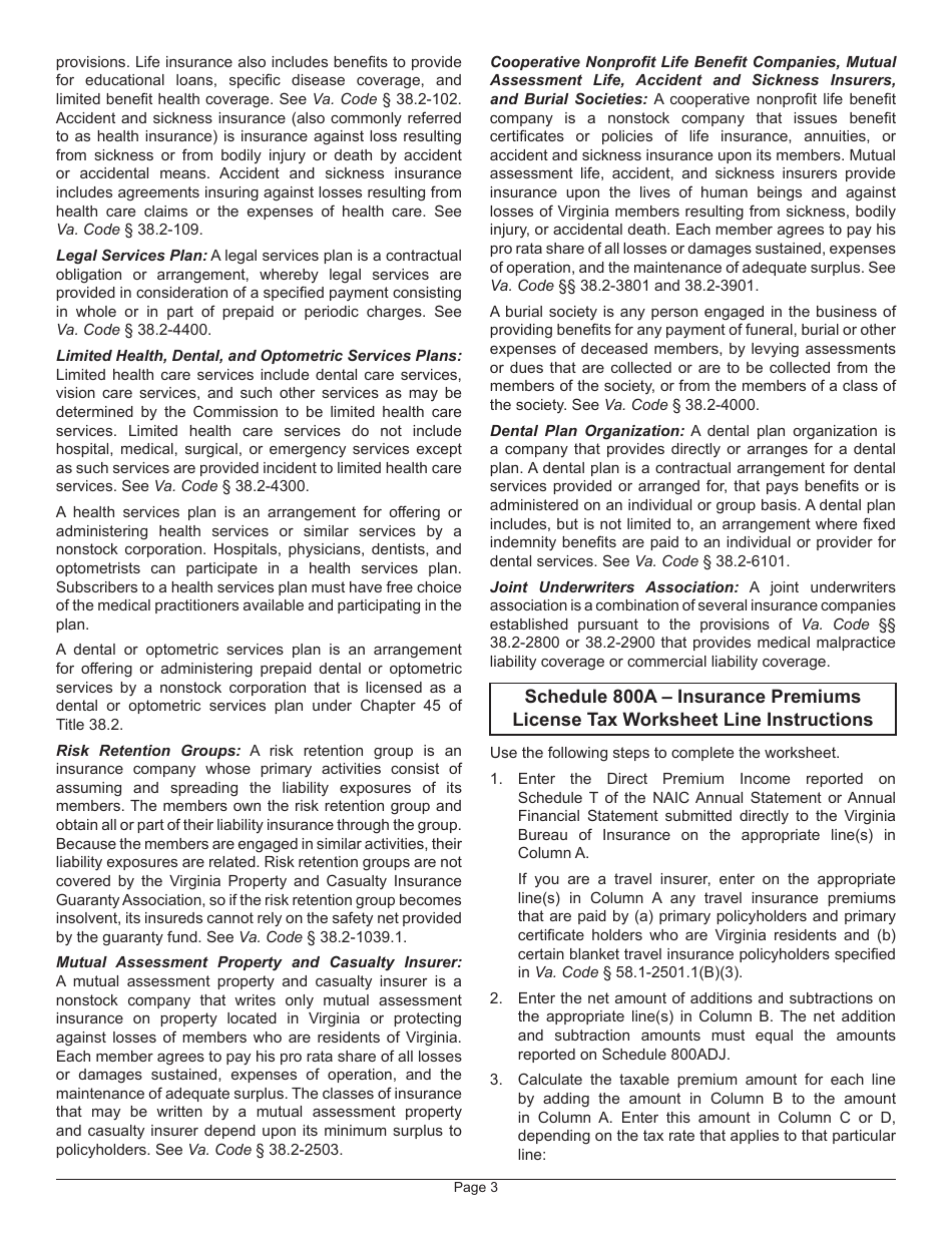 Instructions for Form 800 Virginia Insurance Premiums License Tax Return - Virginia, Page 7