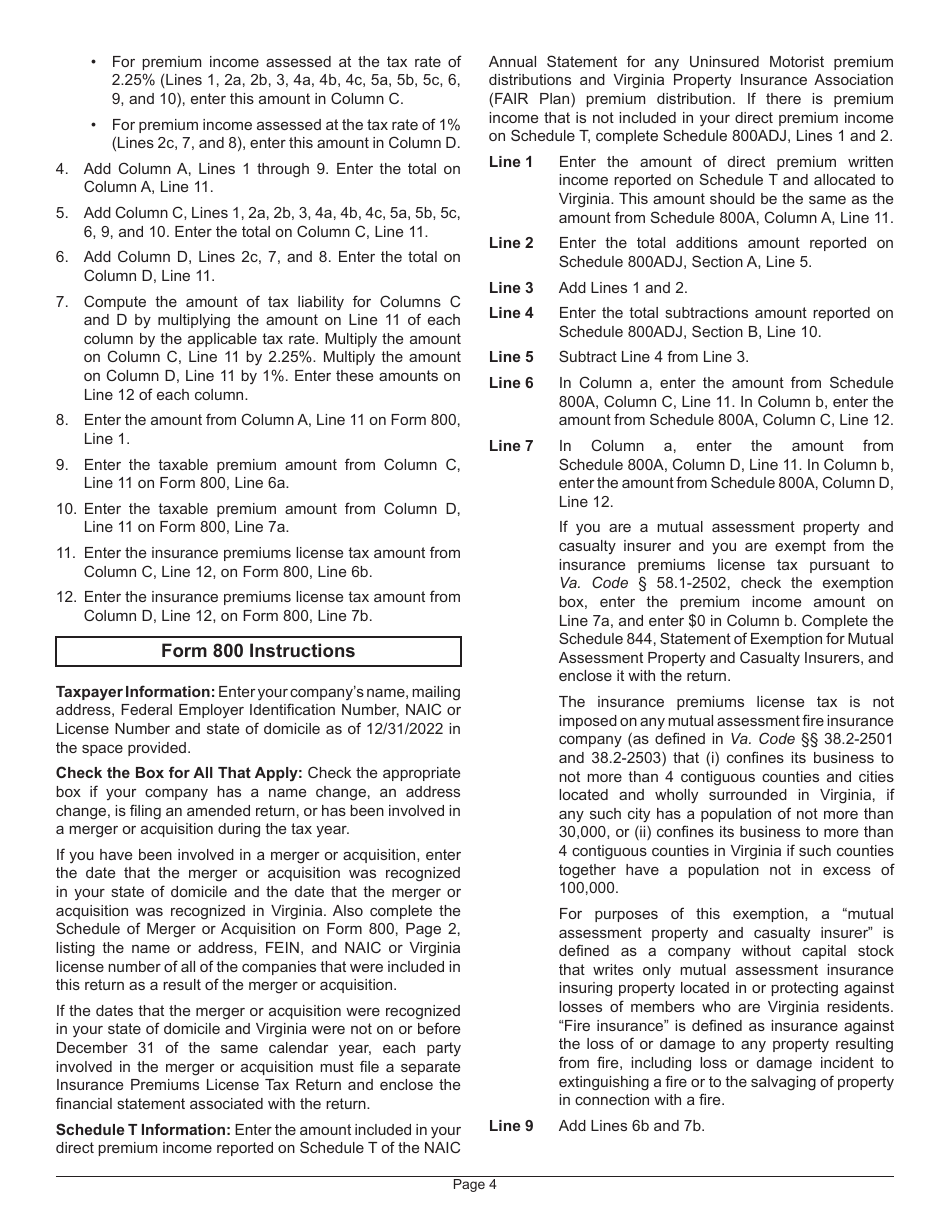 Instructions for Form 800 Virginia Insurance Premiums License Tax Return - Virginia, Page 8