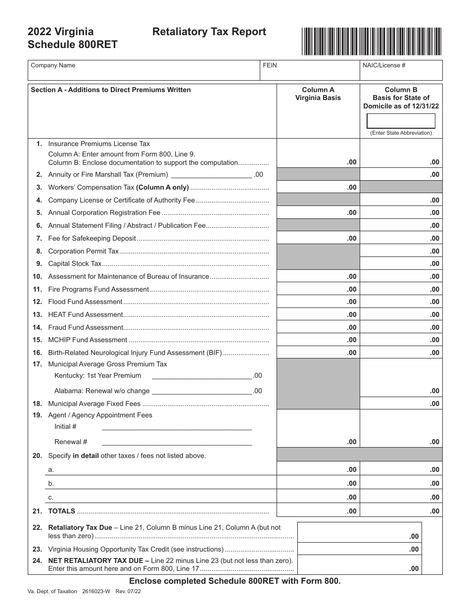 Schedule 800RET Retaliatory Tax Report - Virginia, Page 1