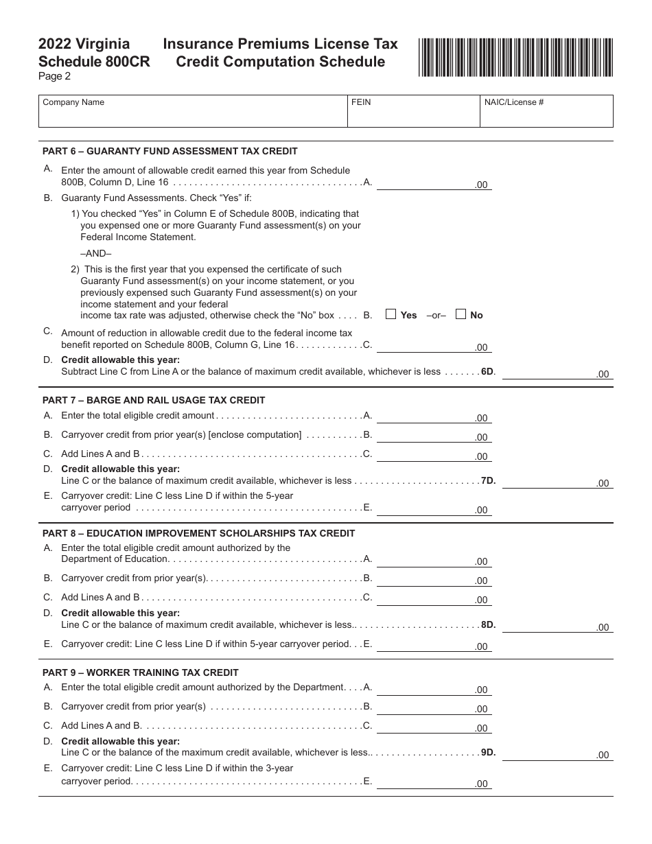 Schedule 800CR Insurance Premiums License Tax Credit Computation Schedule - Virginia, Page 2