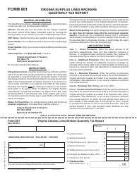 Document preview: Form 801 Virginia Surplus Lines Brokers Quarterly Tax Report - Virginia