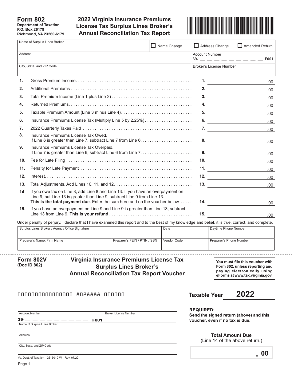 Form 802 Virginia Insurance Premiums License Tax Surplus Lines Broker's Annual Reconciliation Tax Report - Virginia, Page 1