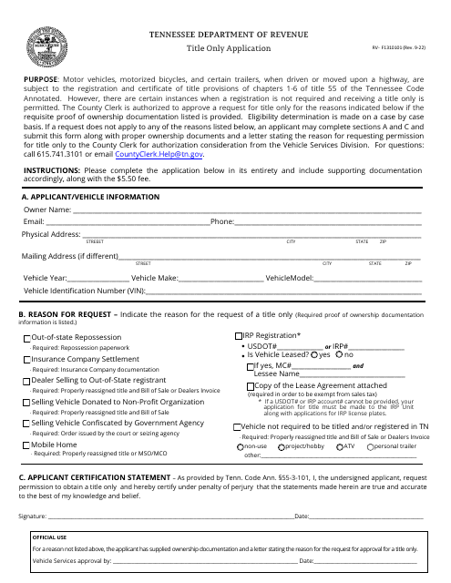 Form RV-F1310101 Title Only Application - Tennessee