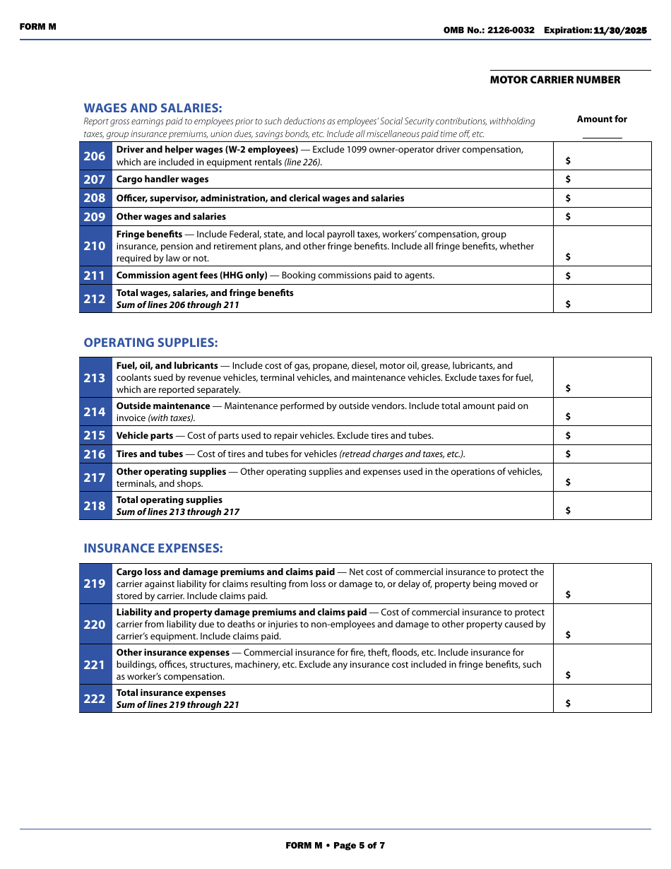 Form M Annual Report Form (Class I  Class II Motor Carriers of Property and Household Goods), Page 11