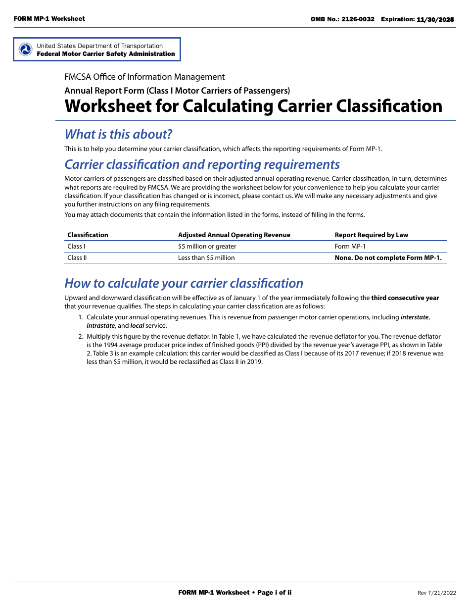 Form MP-1 Annual Report Form and Worksheet (Class I Motor Carriers of Passengers), Page 1