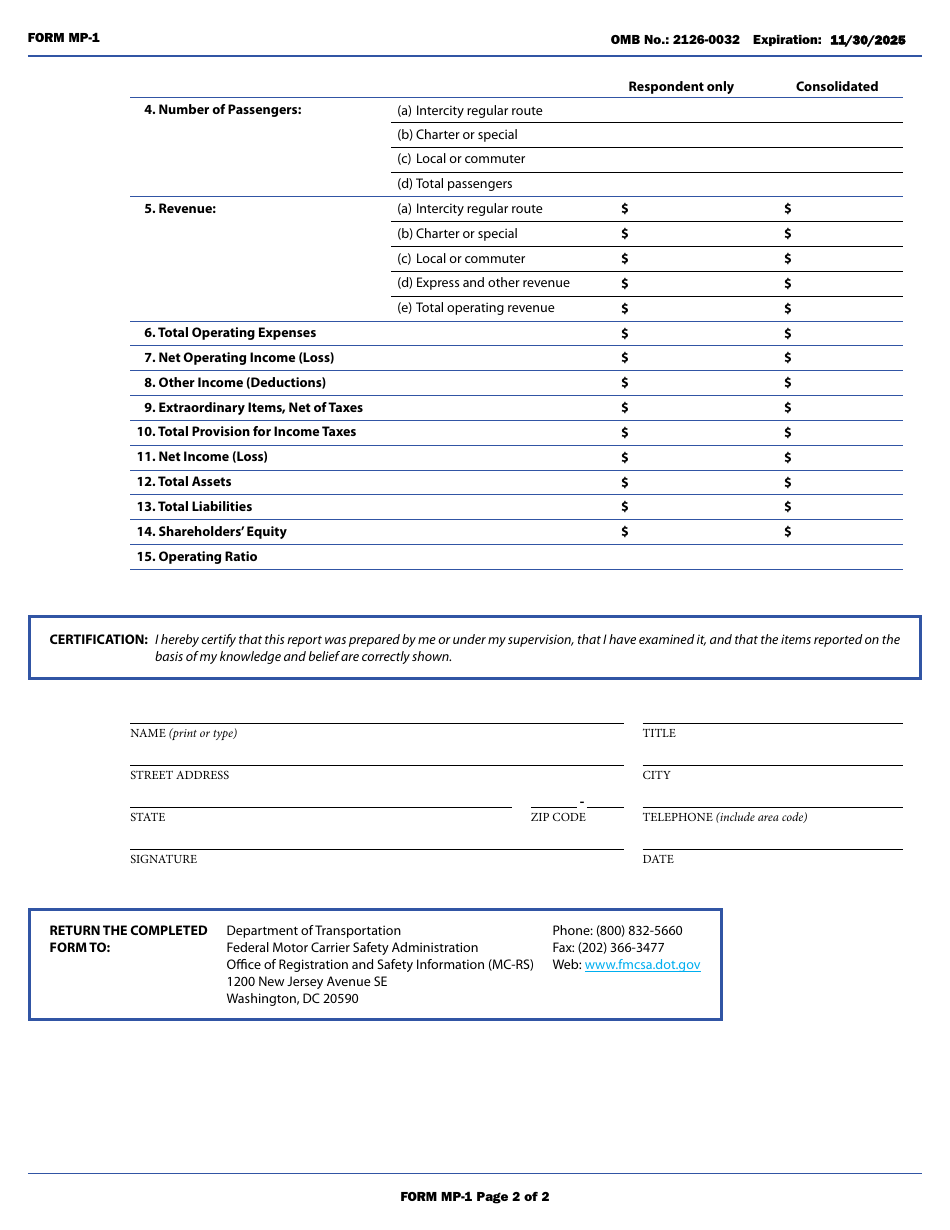 Form MP-1 Annual Report Form and Worksheet (Class I Motor Carriers of Passengers), Page 4