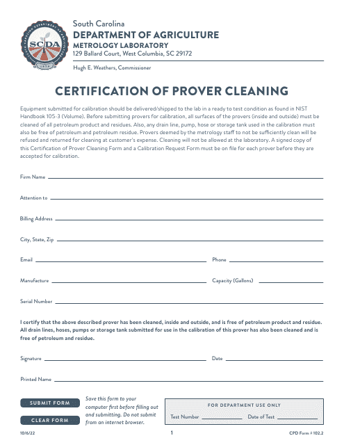CPD Form 102.2 Certification of Prover Cleaning - South Carolina