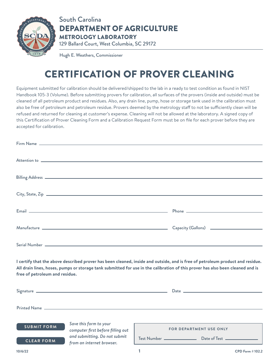 CPD Form 102.2 Certification of Prover Cleaning - South Carolina, Page 1