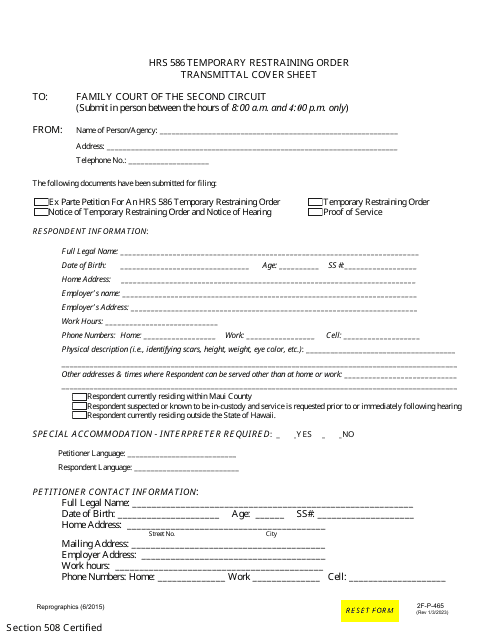 Form 2F-P-465 Temporary Restraining Order Transmittal Cover Sheet - Hawaii