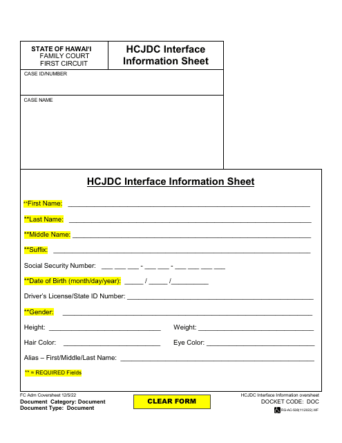 Form 1F-P-2019A Hcjdc Interface Information Sheet - Hawaii