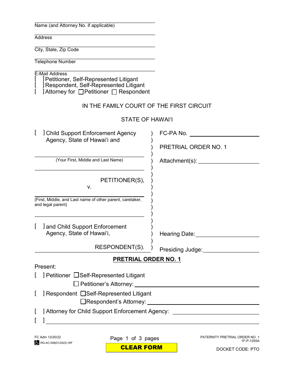 Form 1F-P-1055A Pretrial Order No. 1 - Hawaii, Page 1