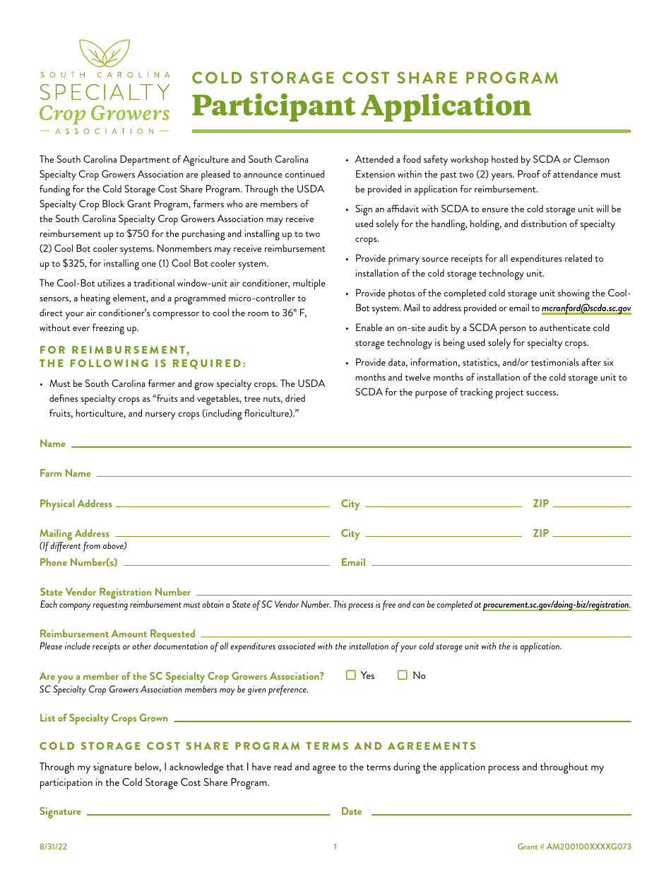 Participant Application - Cold Storage Cost Share Program - South Carolina, Page 1
