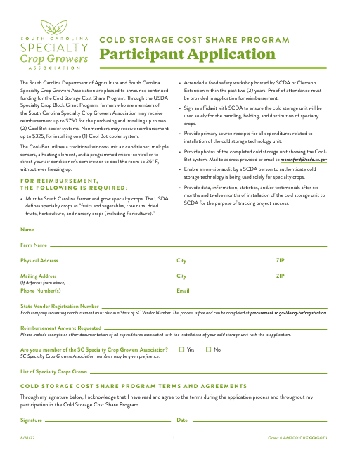 Participant Application - Cold Storage Cost Share Program - South Carolina