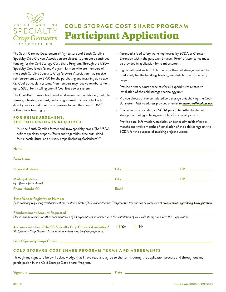 South Carolina Participant Application - Cold Storage Cost Share ...