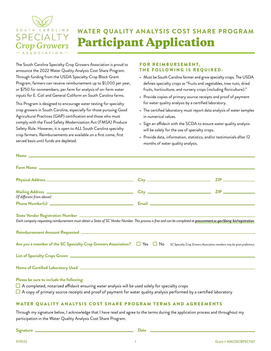 Participant Application - Water Quality Analysis Cost Share Program - South Carolina, Page 1