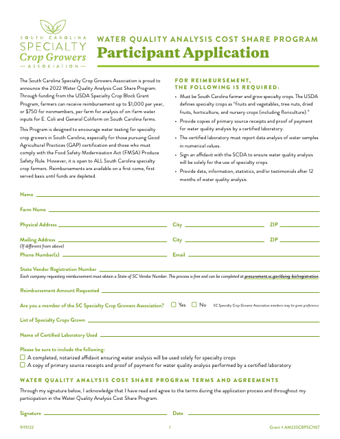 Participant Application - Water Quality Analysis Cost Share Program - South Carolina Download Pdf