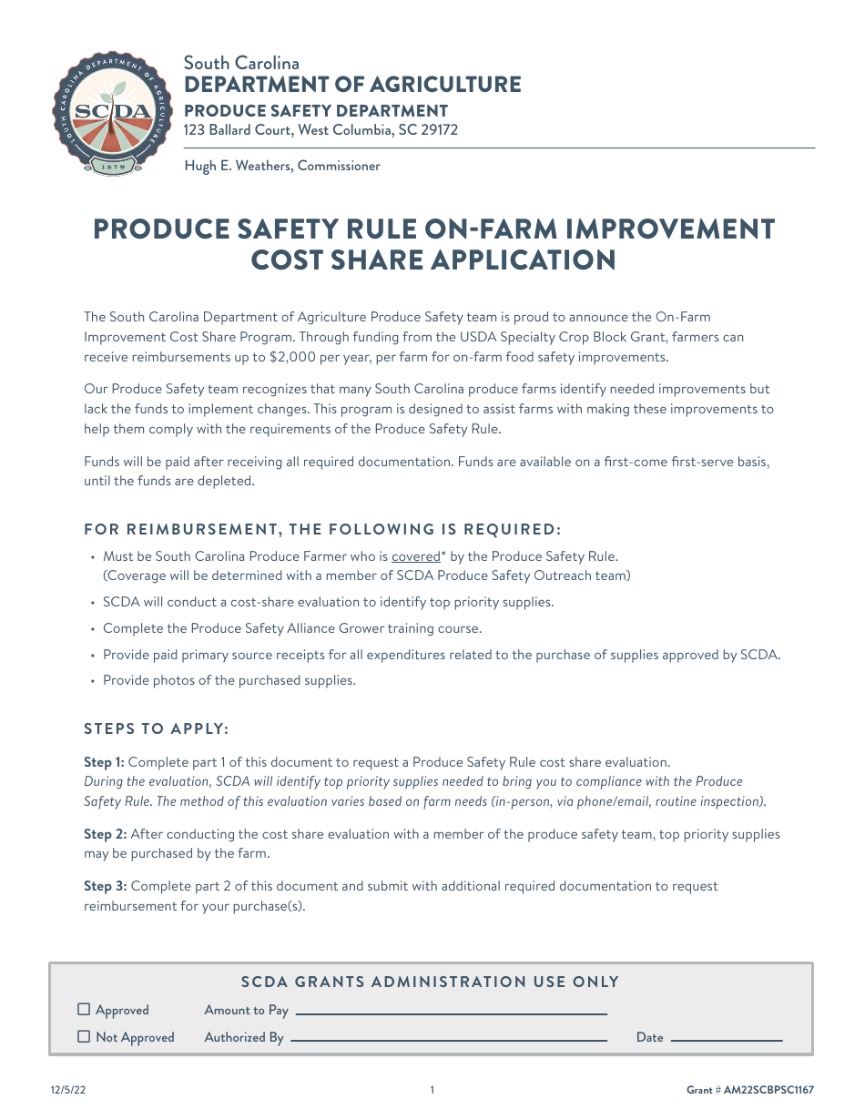 Produce Safety Rule on-Farm Improvement Cost Share Application - South Carolina, Page 1