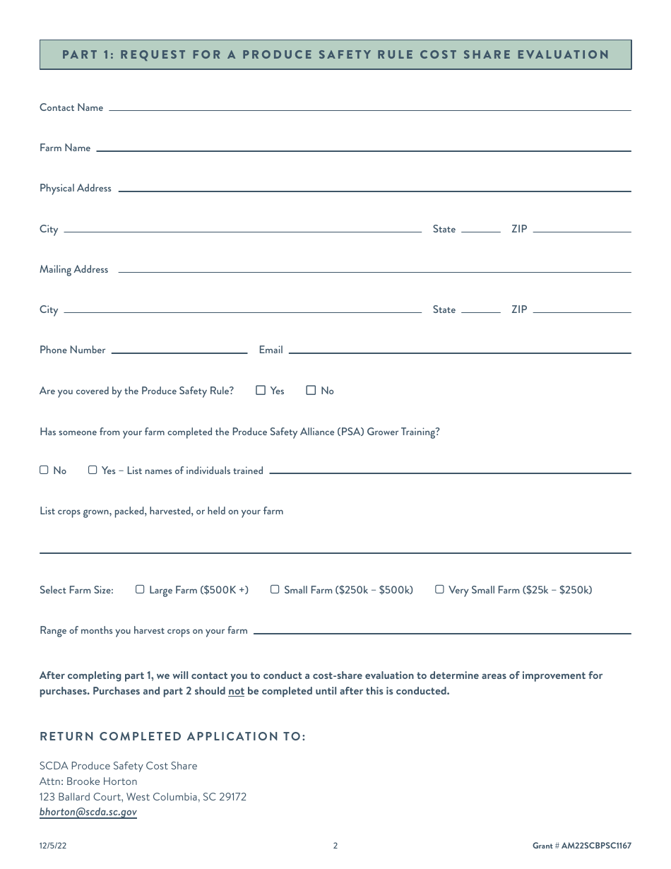 Produce Safety Rule on-Farm Improvement Cost Share Application - South Carolina, Page 2