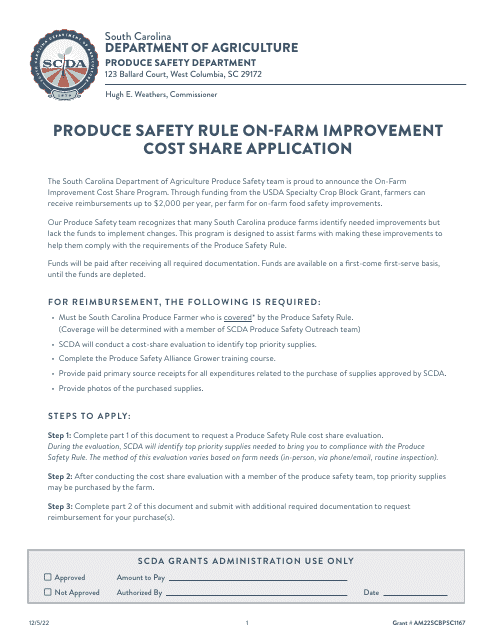 Produce Safety Rule on-Farm Improvement Cost Share Application - South Carolina Download Pdf