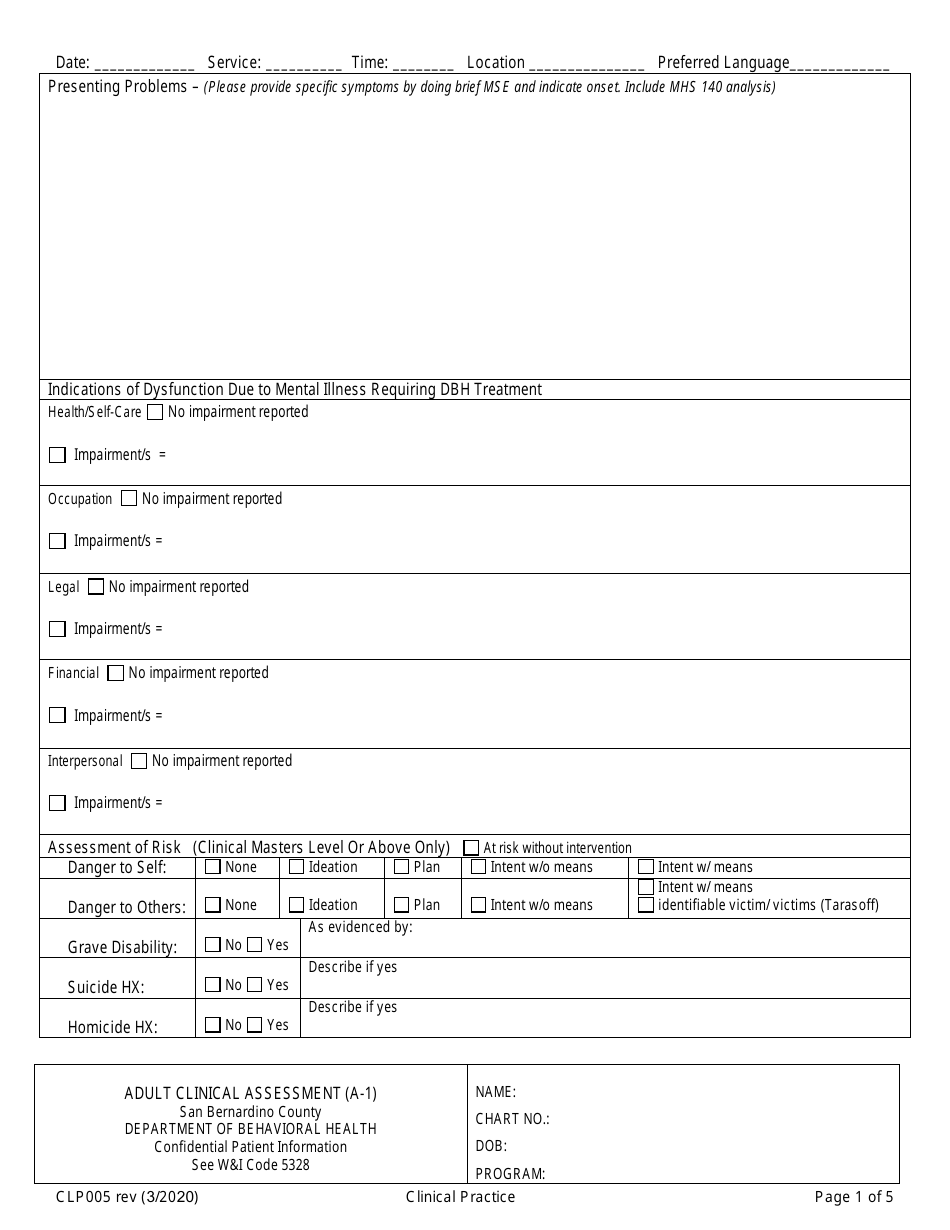 Form CLP005 Adult Clinical Assessment - County of San Bernardino, California, Page 1