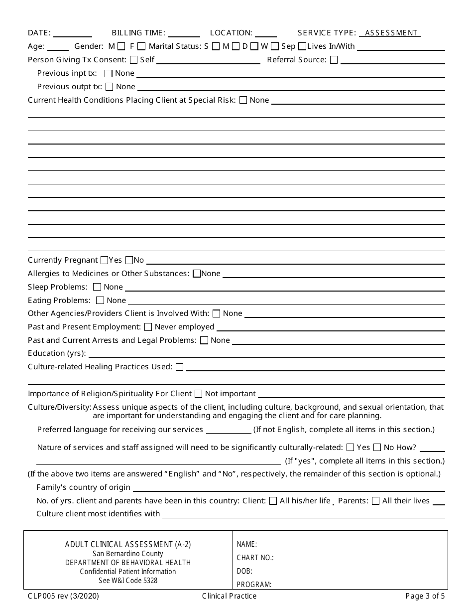 Form CLP005 Adult Clinical Assessment - County of San Bernardino, California, Page 3