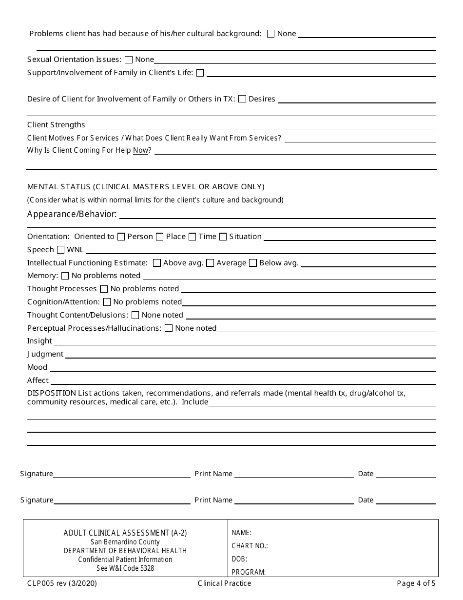 Form CLP005 Adult Clinical Assessment - County of San Bernardino, California, Page 4