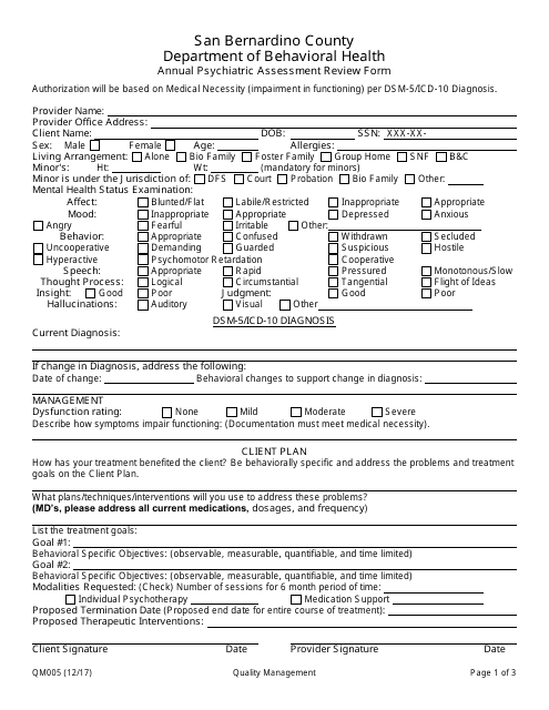 Form QM005 Annual Psychiatric Assessment Review Form - San Bernardino County, California
