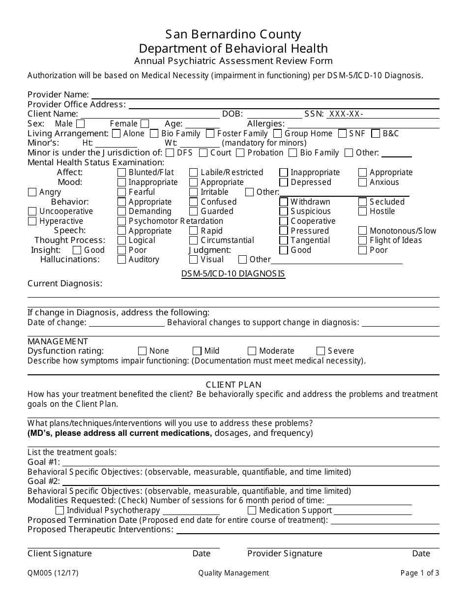 Form QM005 Annual Psychiatric Assessment Review Form - San Bernardino County, California, Page 1