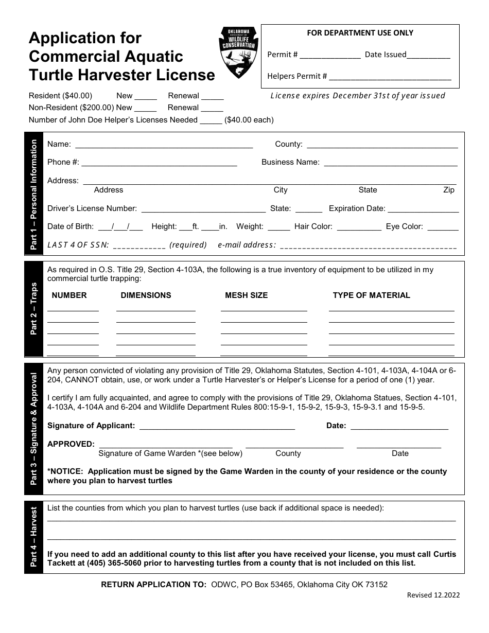 Application for Commercial Aquatic Turtle Harvester License - Oklahoma, Page 3