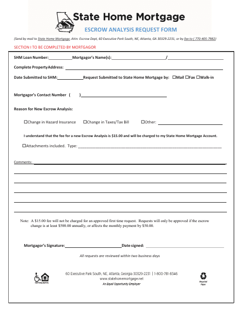 Escrow Analysis Request Form - State Home Mortgage - Georgia (United States)
