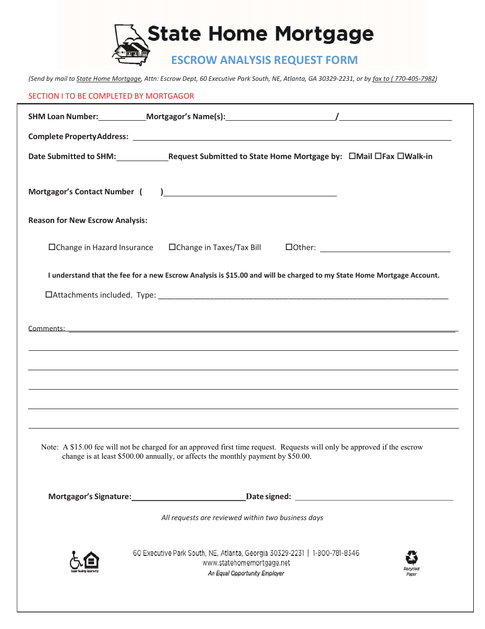 Escrow Analysis Request Form - State Home Mortgage - Georgia (United States), Page 1
