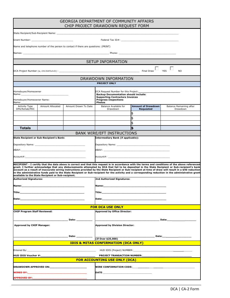 Form CA-2 Chip Project Drawdown Request Form - Georgia (United States), Page 1