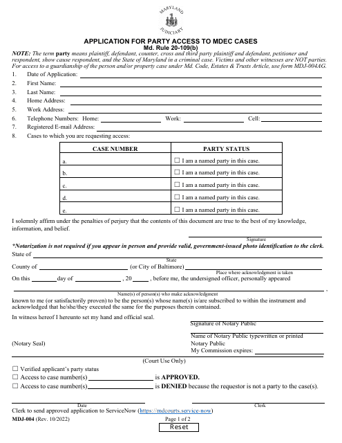 Form MDJ-004 Application for Party Access to Mdec Cases - Maryland