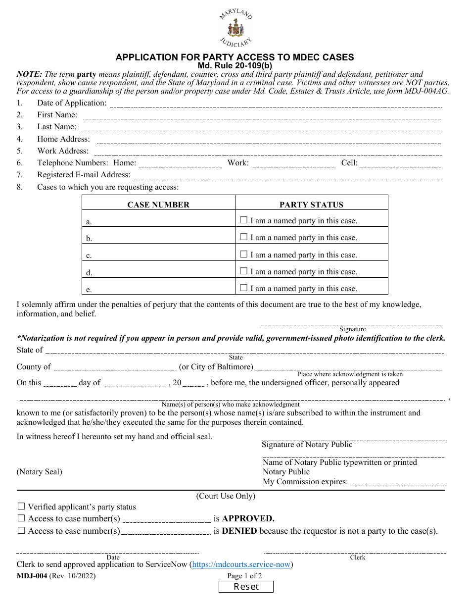 Form MDJ004 Download Fillable PDF or Fill Online Application for Party