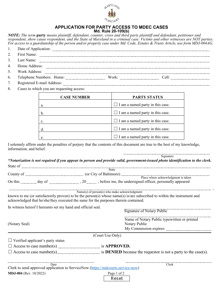 Form MDJ-004 Application for Party Access to Mdec Cases - Maryland, Page 1