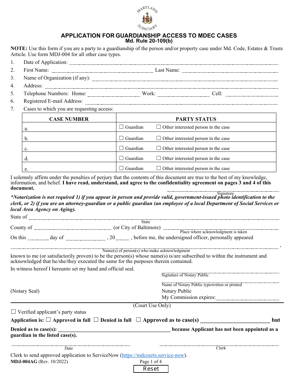 Form MDJ-004AG Application for Guardianship Access to Mdec Cases - Maryland, Page 1
