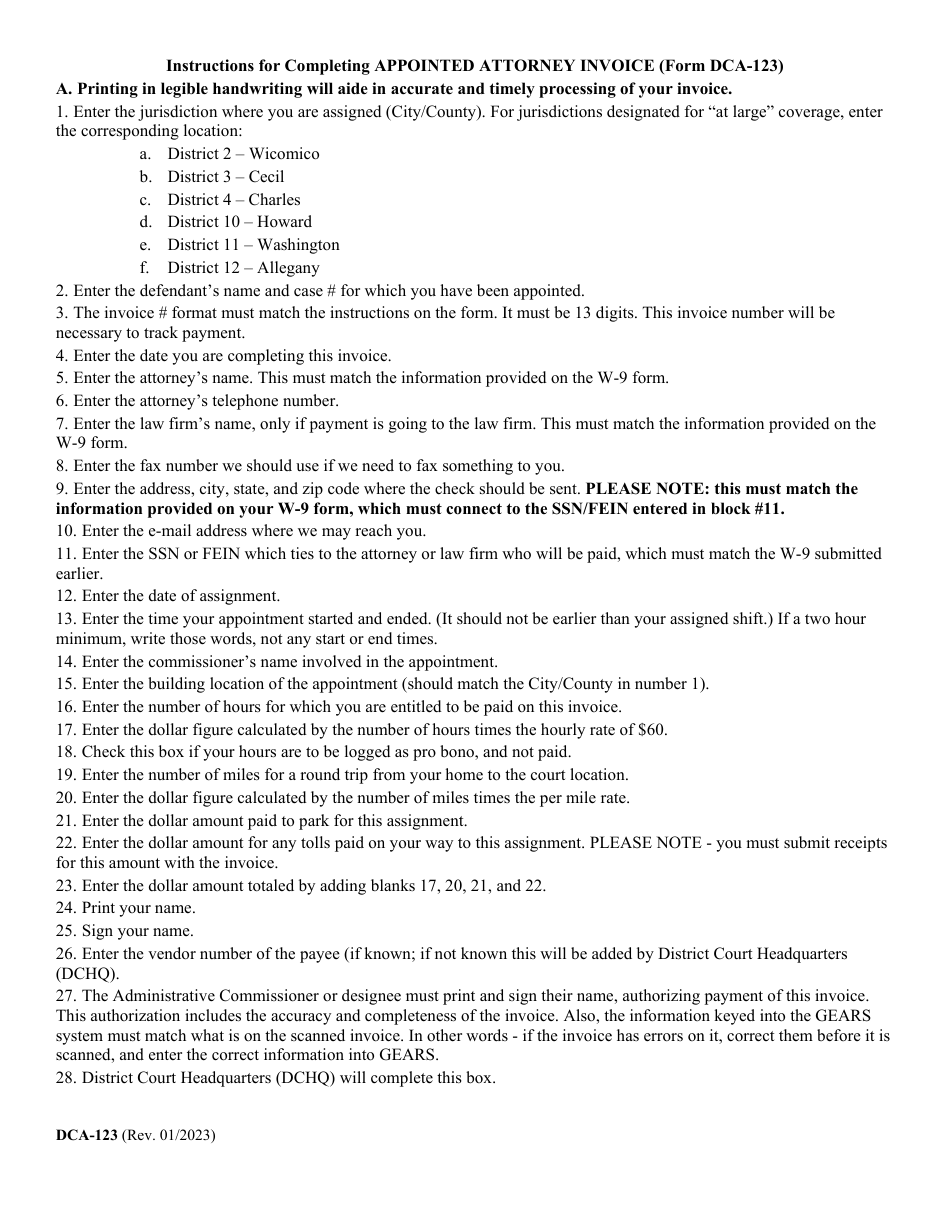 Form DCA-123 Appointed Attorney Invoice - Maryland, Page 2