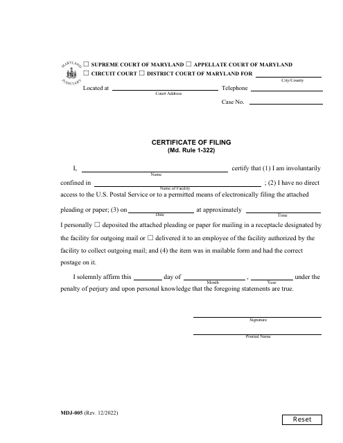 Form MDJ-005 Certificate of Filing - Maryland