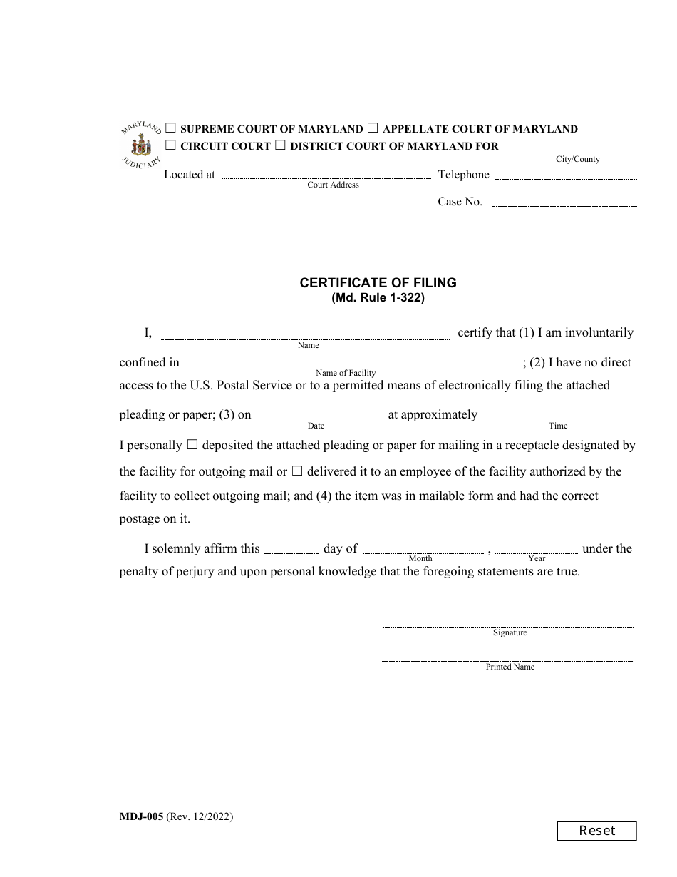 Form MDJ-005 Certificate of Filing - Maryland, Page 1