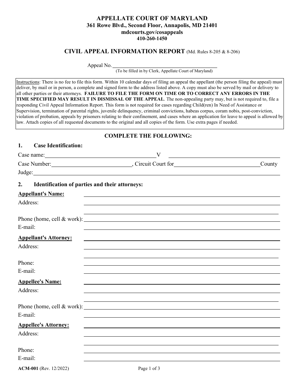 Form ACM-001 Civil Appeal Information Report - Maryland, Page 1
