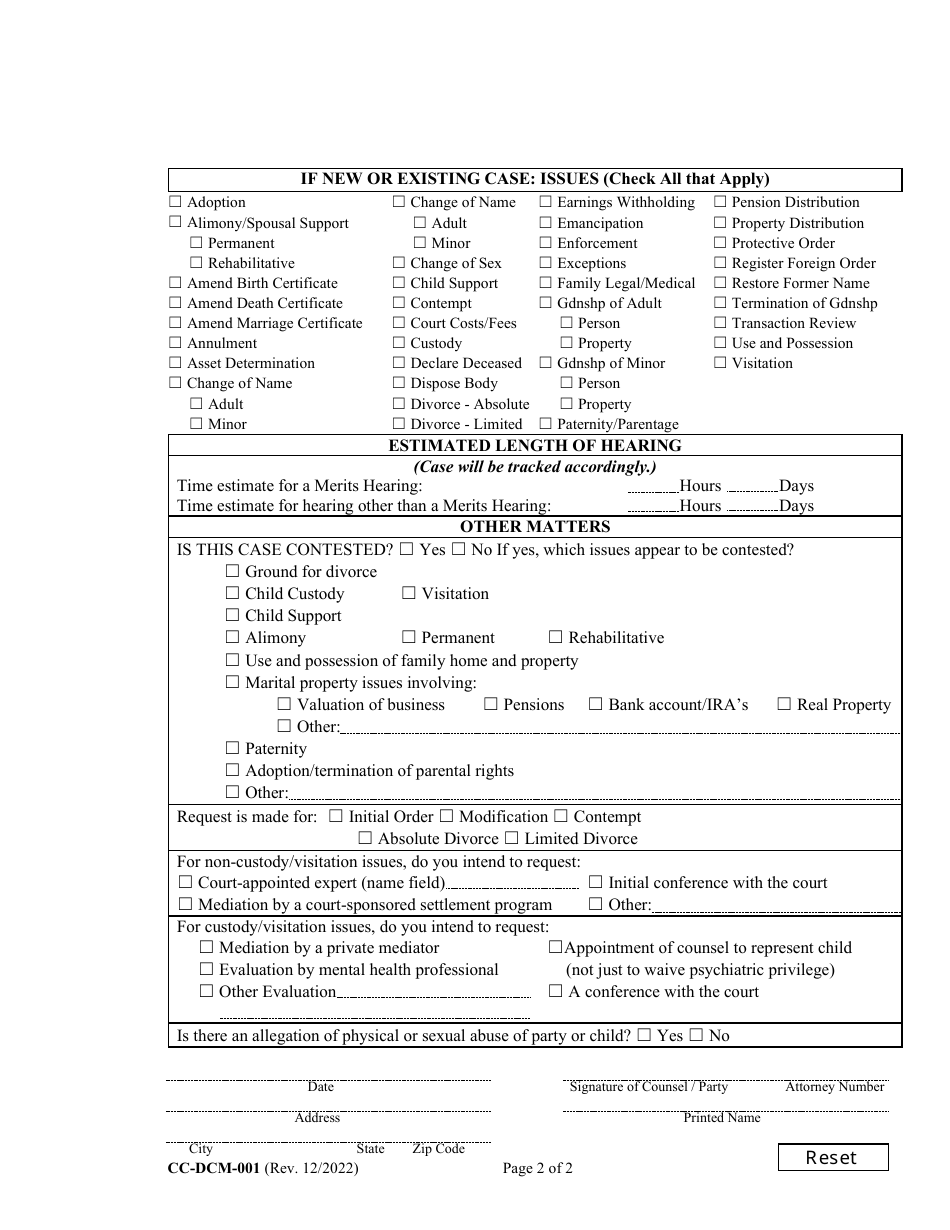 Form CC-DCM-001 Civil Domestic Case Information Report - Maryland, Page 2