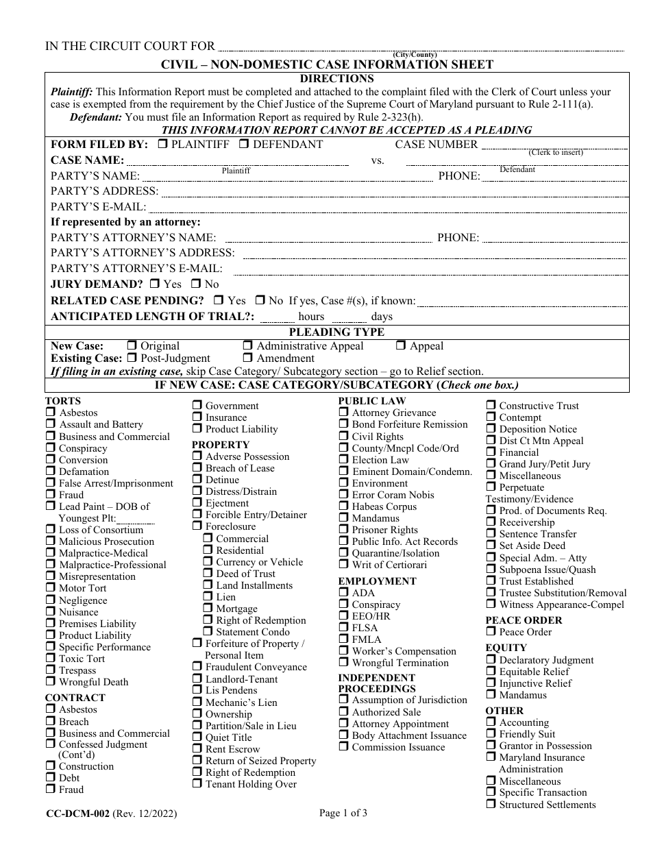 Form CC-DCM-002 Civil Non-domestic Case Information Report - Maryland, Page 1